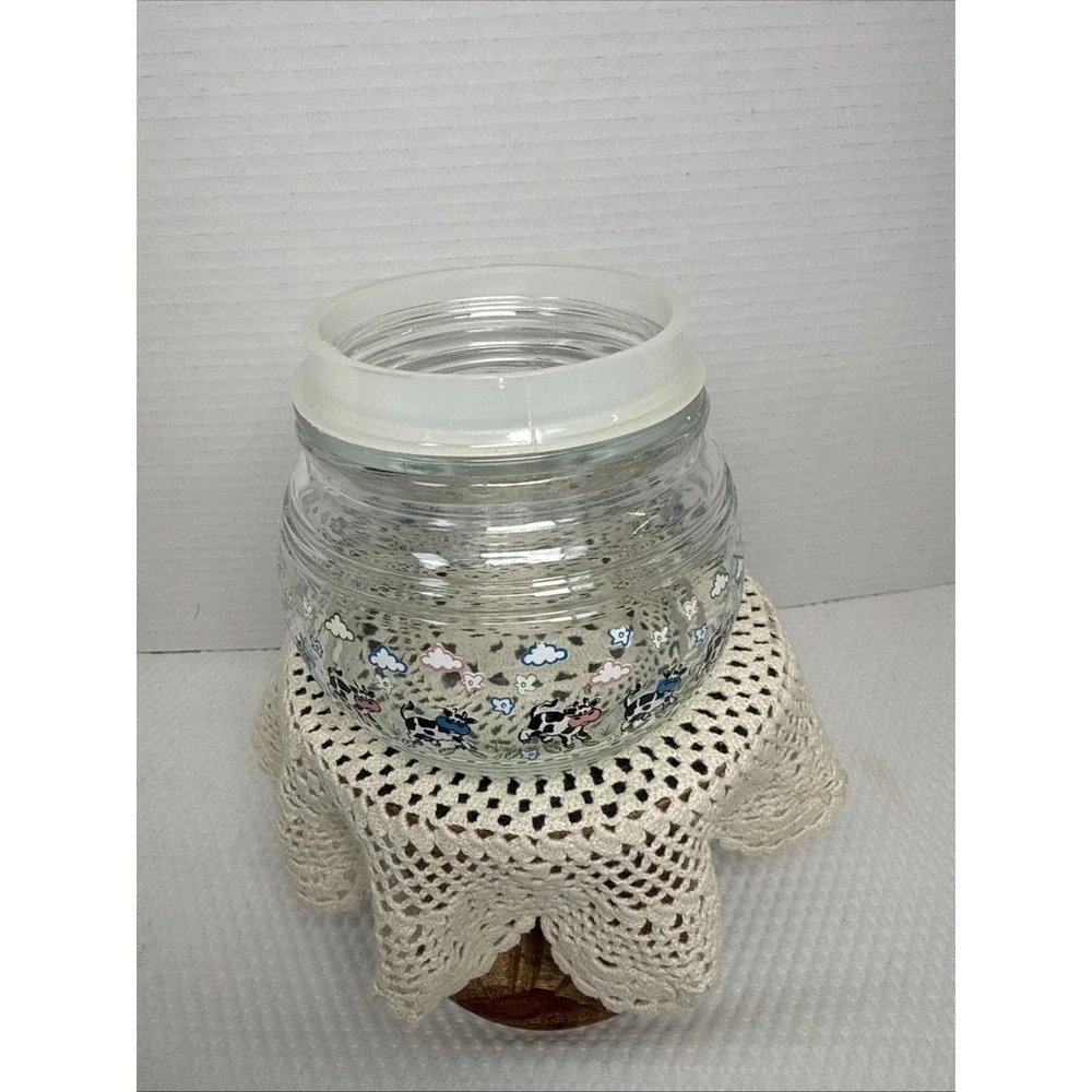 KIG Indonesia Vintage Glass Candy Jar Cannister Apothecary Lid Happy Cows. 5X5